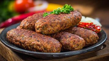 Juicy fresh kabab with salad and seasoning photo