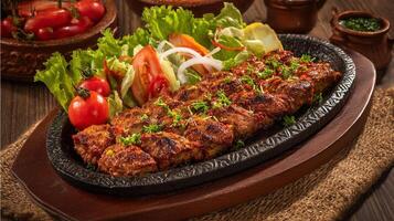 Mouthwatering fresh kabab with lemon on plate photo