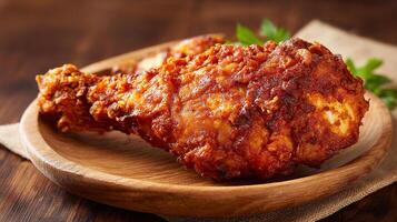 Rustic table with photorealistic fried chicken leg photo