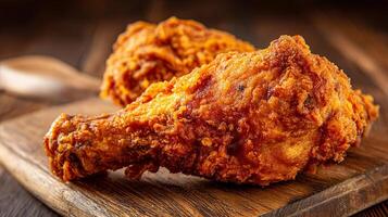 Rustic wooden background with crispy chicken photo