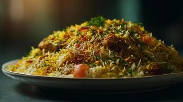 Natural light photography of chicken biryani with vibrant colors photo