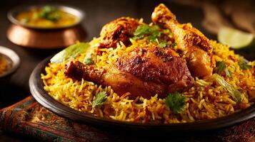 Freshly cooked chicken biryani image with realistic textures and details photo