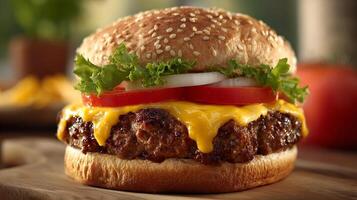 Full sharp focus cheeseburger photo with realistic textures