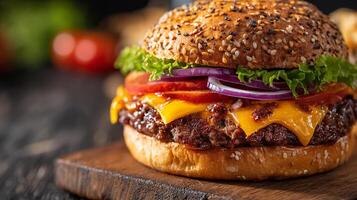 Sharp focused closeup cheeseburger photo on plain background