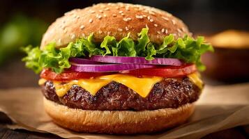 Close up photo of appetizing cheeseburger with texture