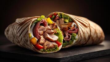 Grilled meat shawarma wrap with crunchy veggies photo