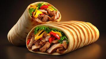 Full view shawarma sandwich with mixed fillings photo