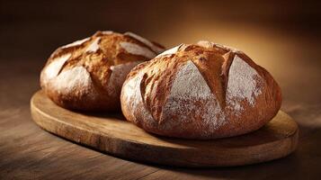 Handcrafted bread loaf image with crispy crust on wooden board photo
