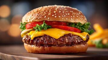 Closeup photo of cheeseburger with fresh vegetables and bun