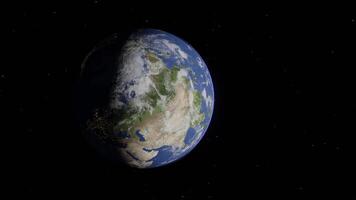 Beautiful and realistic 3D design of Earth, with twinkling stars around it. Suitable for use as background and design element in creative projects. photo