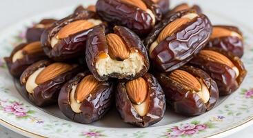 A plate of dates with cream and nuts photo