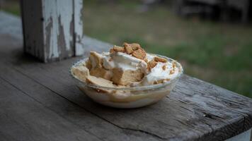 A bowl of ice cream with whipped cream and marshmallows photo