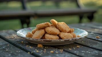 A plate of food sitting on a wooden table. photo