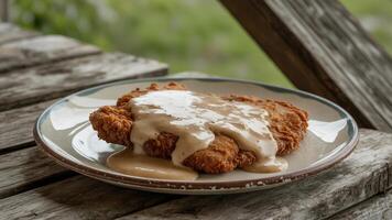 A plate of fried chicken with gravy on it photo