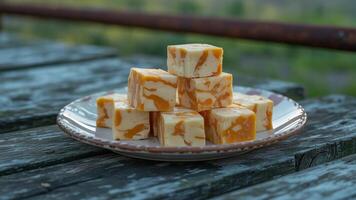 A plate of orange and yellow fudge on a wooden table photo