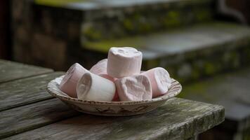 A bowl of marshmallows on a table photo