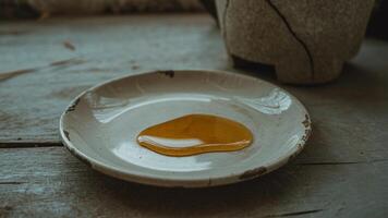 A bowl of honey sits on a table photo