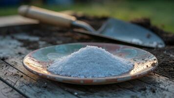 A bowl of salt sits on top of a wooden table photo