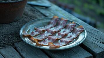 A plate of bacon on a table photo