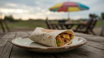 A burrito is sitting on a plate on a table photo