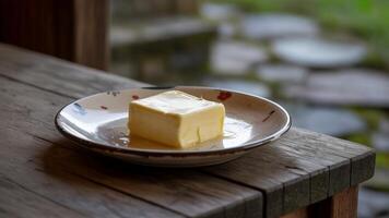 A piece of butter sits on a plate on a table photo