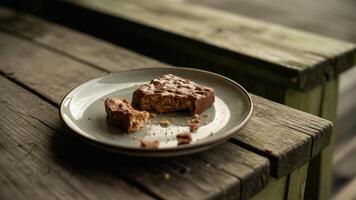 A plate with a piece of cake on it sitting on a wooden table photo
