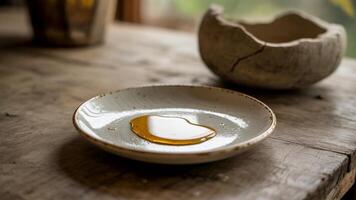 A bowl of honey sits on a table next to a vase photo
