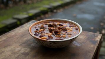 A bowl of chili and b eans sitting on a wooden table photo