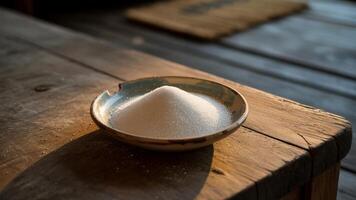 A bowl of sugar sits on a wooden table photo
