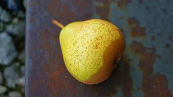 A pear sitting on a rusty surface photo