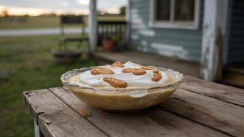 A bowl of banana pudding with whipped cream and cookies on a wooden table outside near a house photo