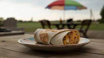 Close up of a burrito on a plate outdoors with a table and umbrella in the background on a cloudy day photo