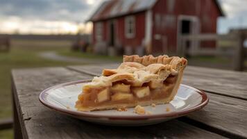 A slice of appl e pie on a plate sitting on a wooden table with a barn in the background outdoors photo