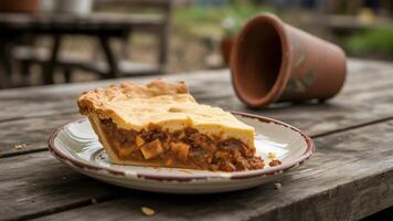 A slice of pie on a plate sitting on a wooden table with a flower pot in the background outdoors photo