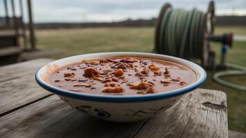 A bowl of hearty chili on a wooden table with a water hose reel in the background outdoors on a cloudy day photo
