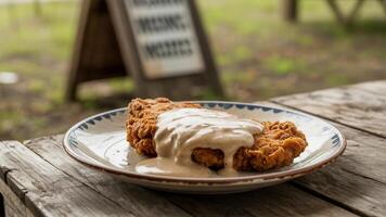 Close up of fried chicken with gravy on a plate sitting on a rustic wooden table outdoors in daylight photo