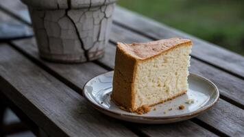 A slice of cake on a plate on a wooden table photo
