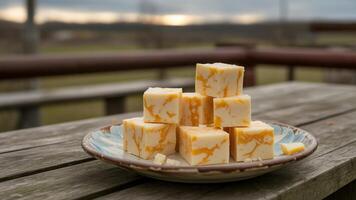 A plate of squares of orange and yellow soap photo