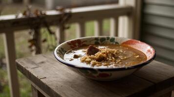 A bowl of gumbo on a wooden table outside with a white railing in the blurred background scene view photo