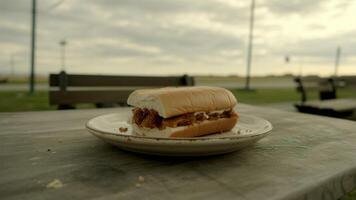 A sandwich on a plate sitting on a picnic table outside on an overcast day near a park bench area photo