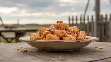 A plate of tater tots covered in cheese and bacon sits outdoors on a rustic wooden table top photo