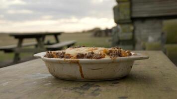 Close up of a bowl of food on a picnic table in an outdoor setting under a cloudy sky landscape view photo