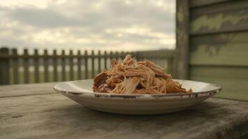 Pulled pork on a white plate sitting on a wooden table with a fence and cloudy sky in the background photo