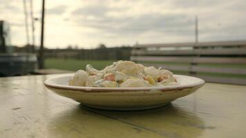 Close up of a bowl of potato salad on a table with a blurry background on an overcast day outside photo