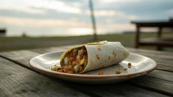 A delicious looking burrito served on a plate on a wooden table with a scenic background view outdoors photo
