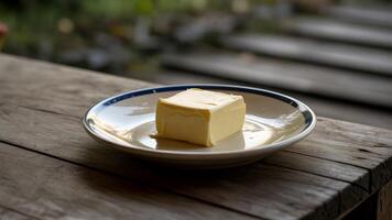 A square of butter on a plate on a table photo