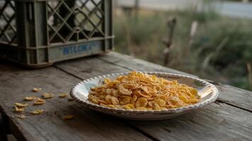 A bowl of corn flakes sits on a wooden table photo