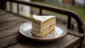 A slice of vanilla cake with white frosting on a plate sitting on a wooden surface outdoors scene view photo