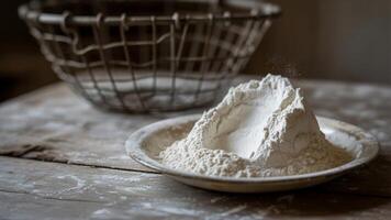 A mound of flour in a plate with a wire basket on a rustic wooden surface in soft natural light photo