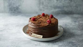 A chocolate cake with raspberry toppings on a white plate with a sweet surrender label on the side photo